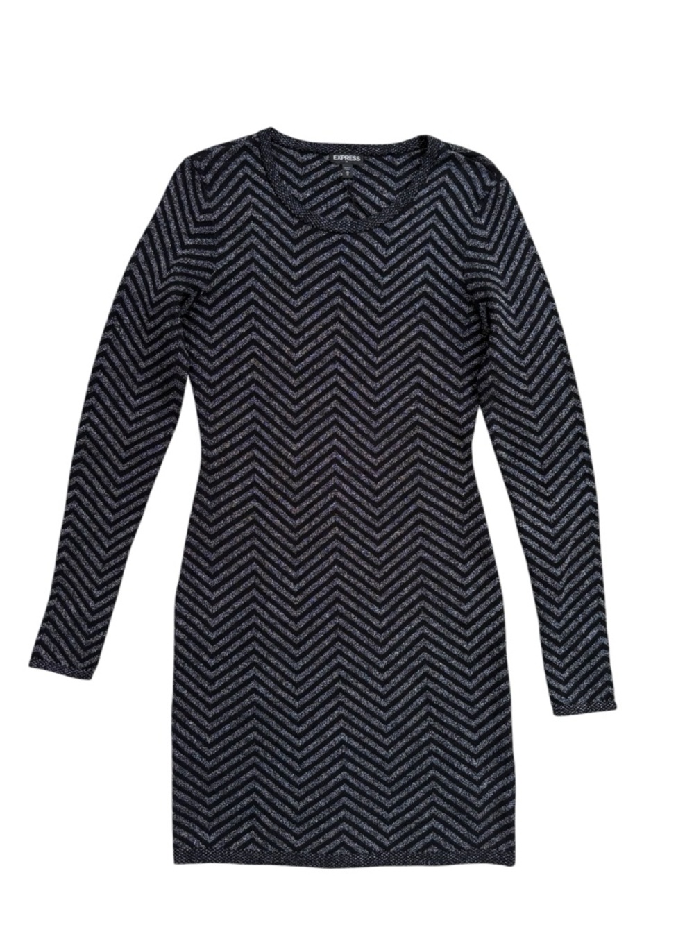 Express Black Chevron Long Sleeve Knit Dress with Silver Shimmer